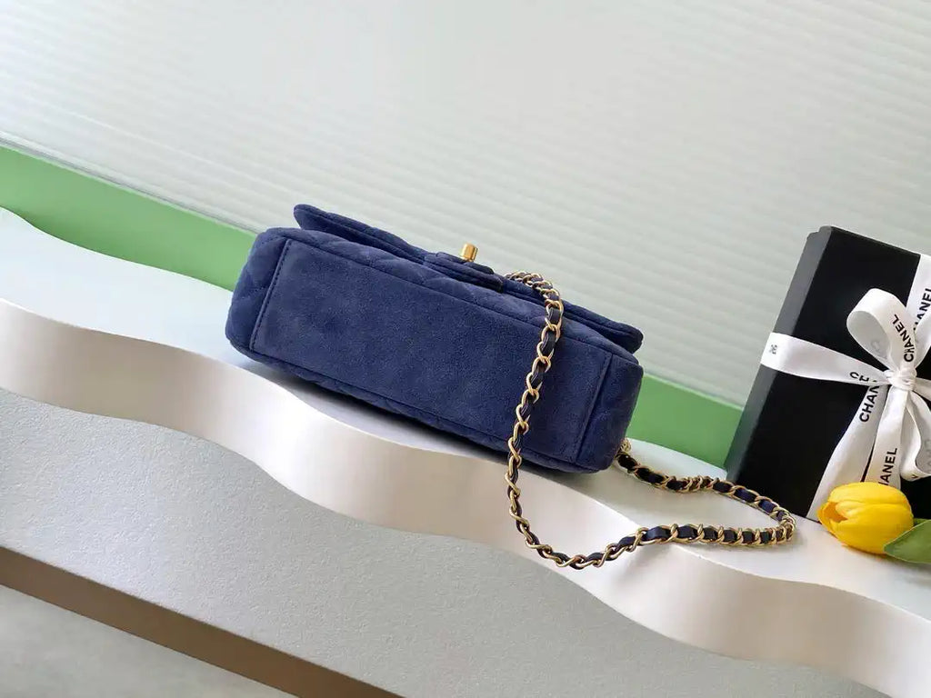 Chanel AS5991  Flap 24cm Suede Calfskin Lambskin & Gold-Tone Metal Navy Blue