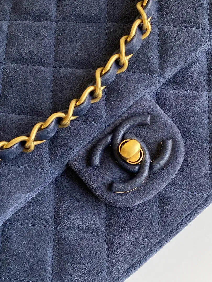 Chanel AS5991  Flap 24cm Suede Calfskin Lambskin & Gold-Tone Metal Navy Blue