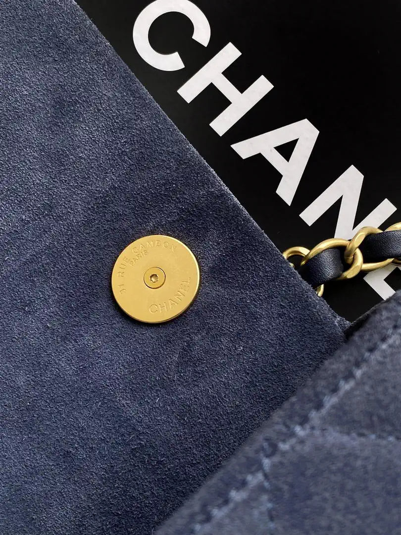 Chanel AS5991  Flap 24cm Suede Calfskin Lambskin & Gold-Tone Metal Navy Blue