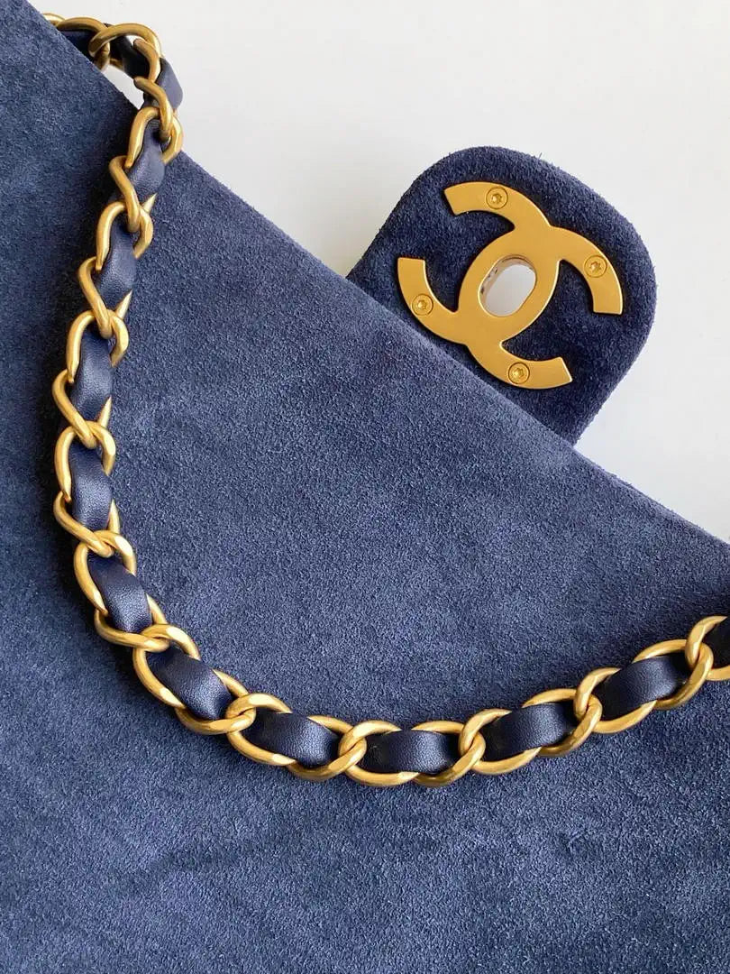 Chanel AS5991  Flap 24cm Suede Calfskin Lambskin & Gold-Tone Metal Navy Blue