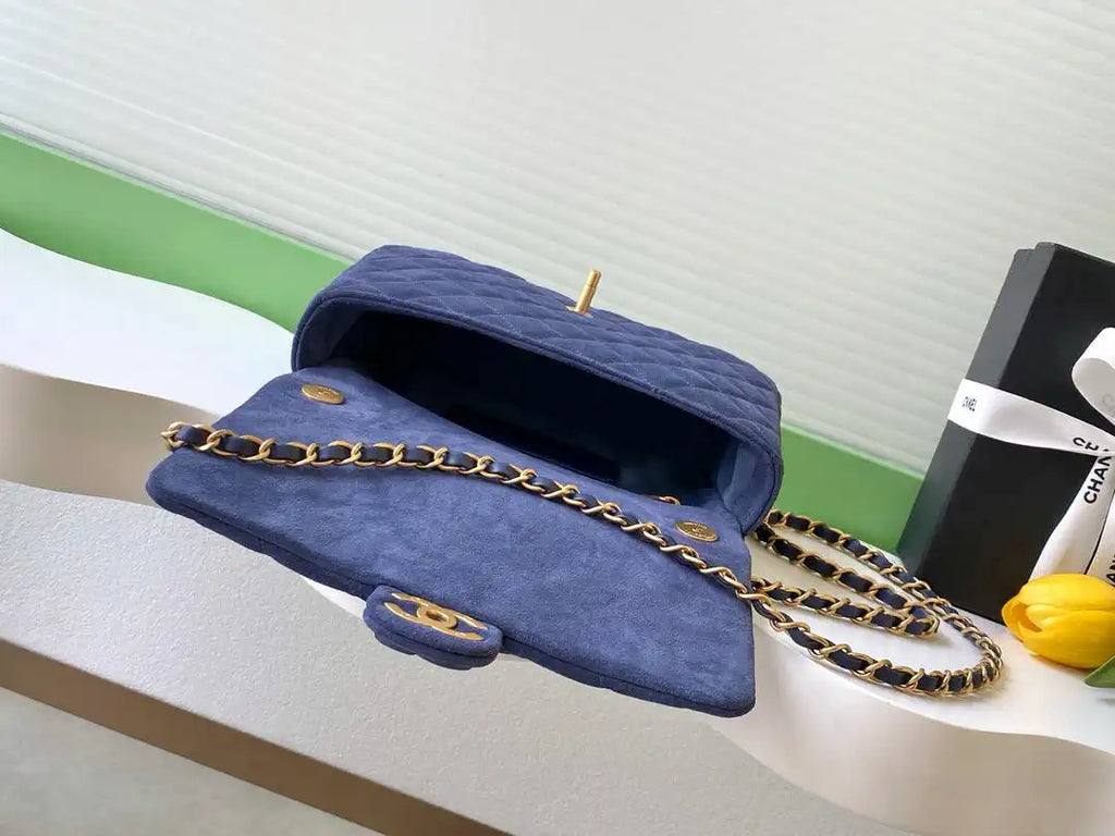 Chanel AS5991  Flap 24cm Suede Calfskin Lambskin & Gold-Tone Metal Navy Blue