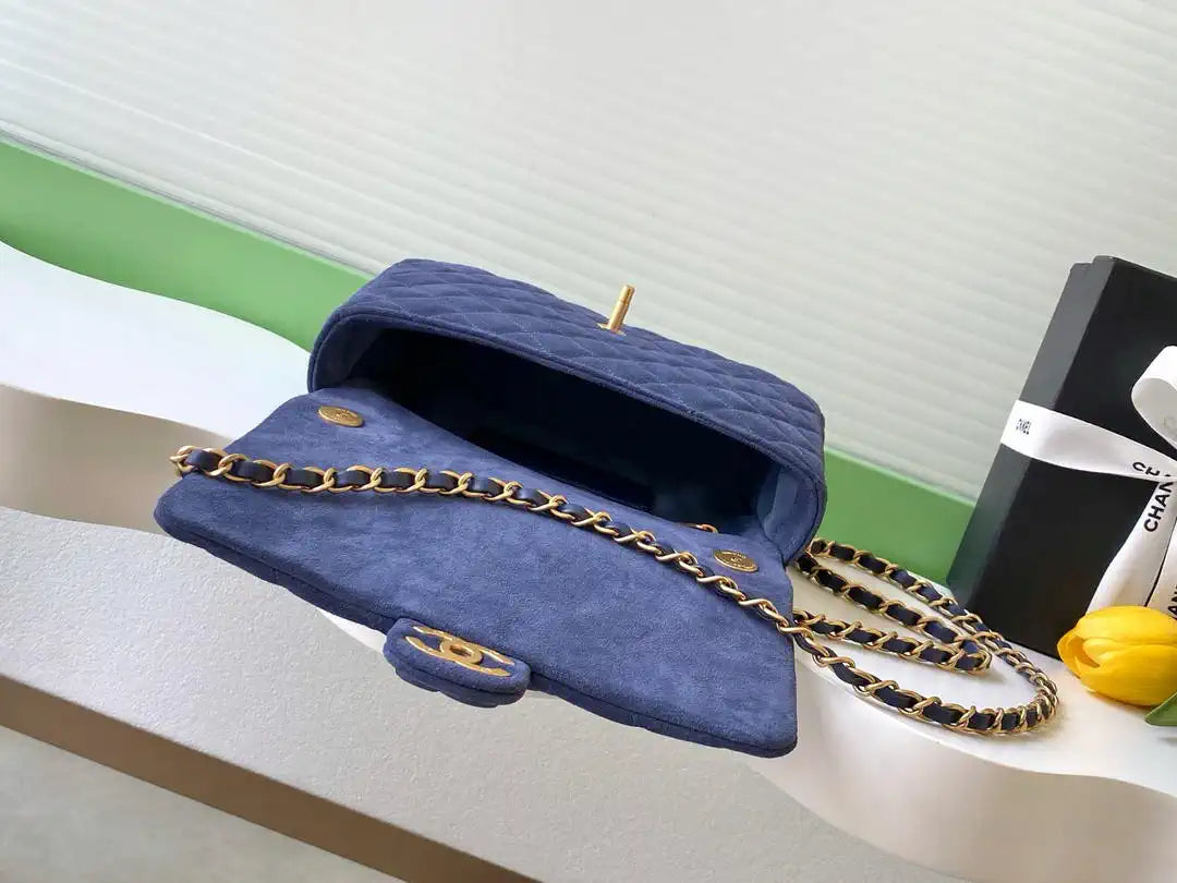 Chanel AS5991  Flap 24cm Suede Calfskin Lambskin & Gold-Tone Metal Navy Blue