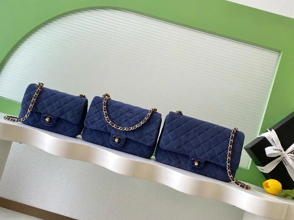 Chanel AS5987 Flap 26cm Suede Calfskin Lambskin & Gold-Tone Metal Navy Blue