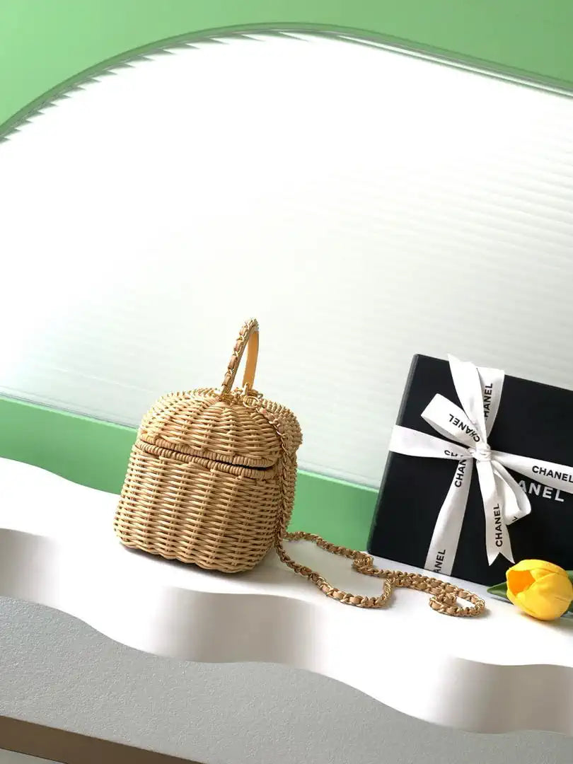 Chanel AS5993 Vanity Case Braided Rattan & Gold-Tone Metal