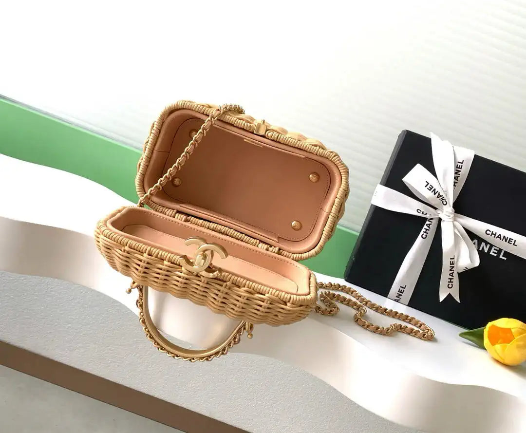Chanel AS5993 Vanity Case Braided Rattan & Gold-Tone Metal