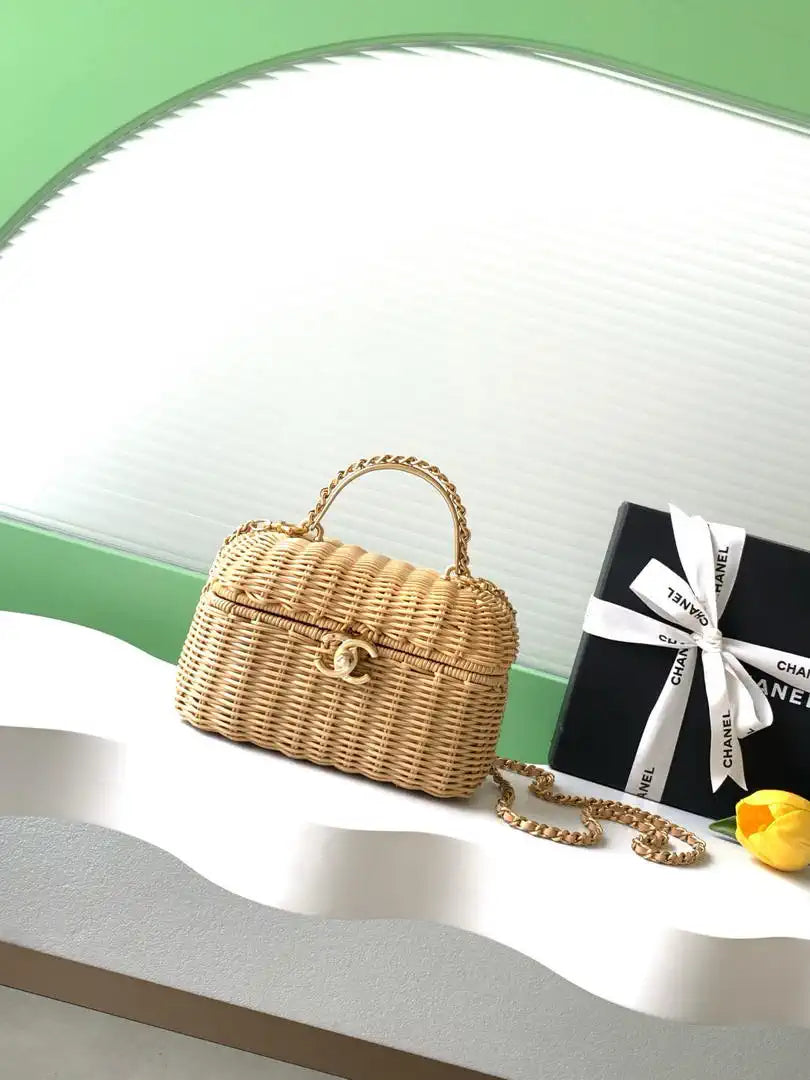Chanel AS5993 Vanity Case Braided Rattan & Gold-Tone Metal