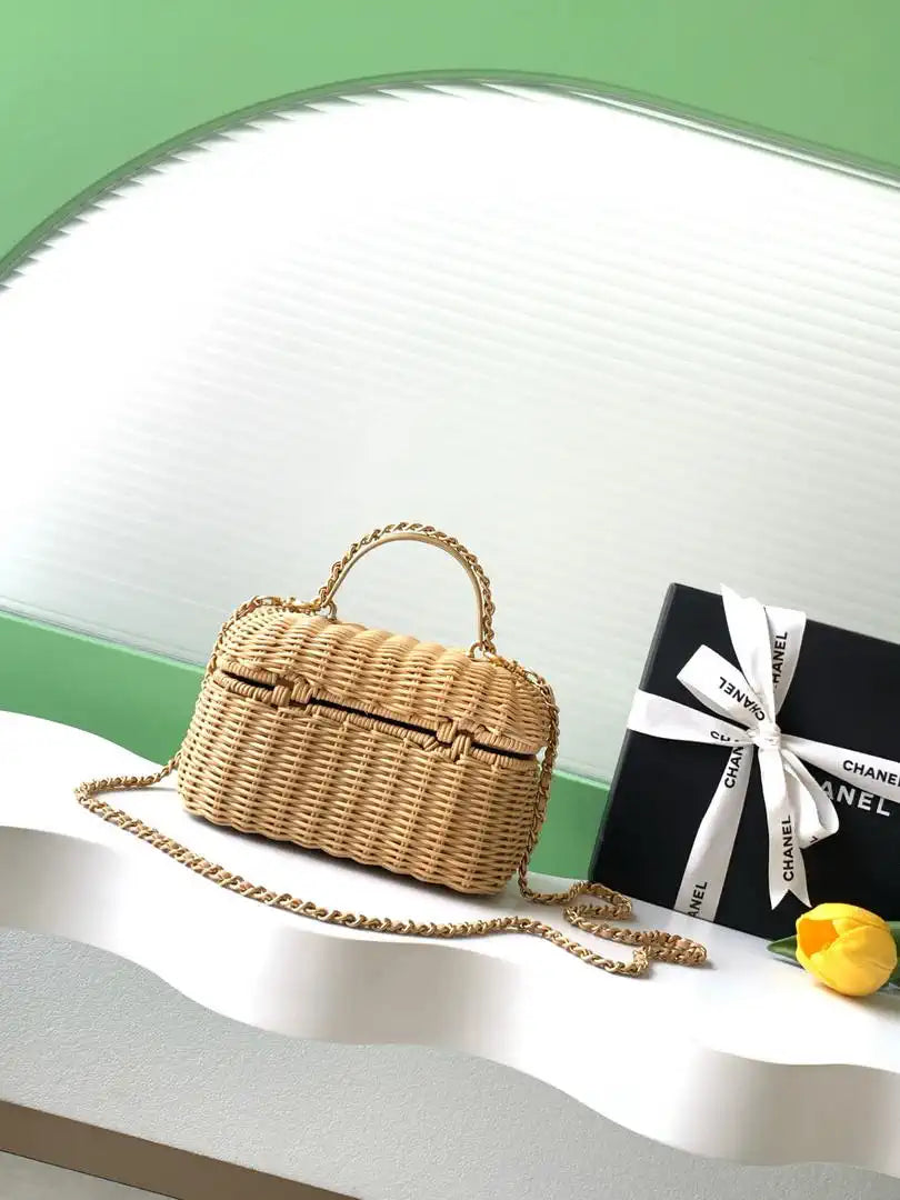 Chanel AS5993 Vanity Case Braided Rattan & Gold-Tone Metal