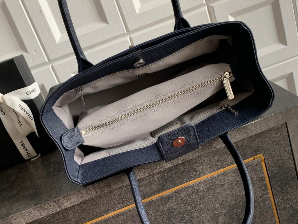 Chanel AS6055 Cerf Leather Exterior Small Tote Bags Navy Blue