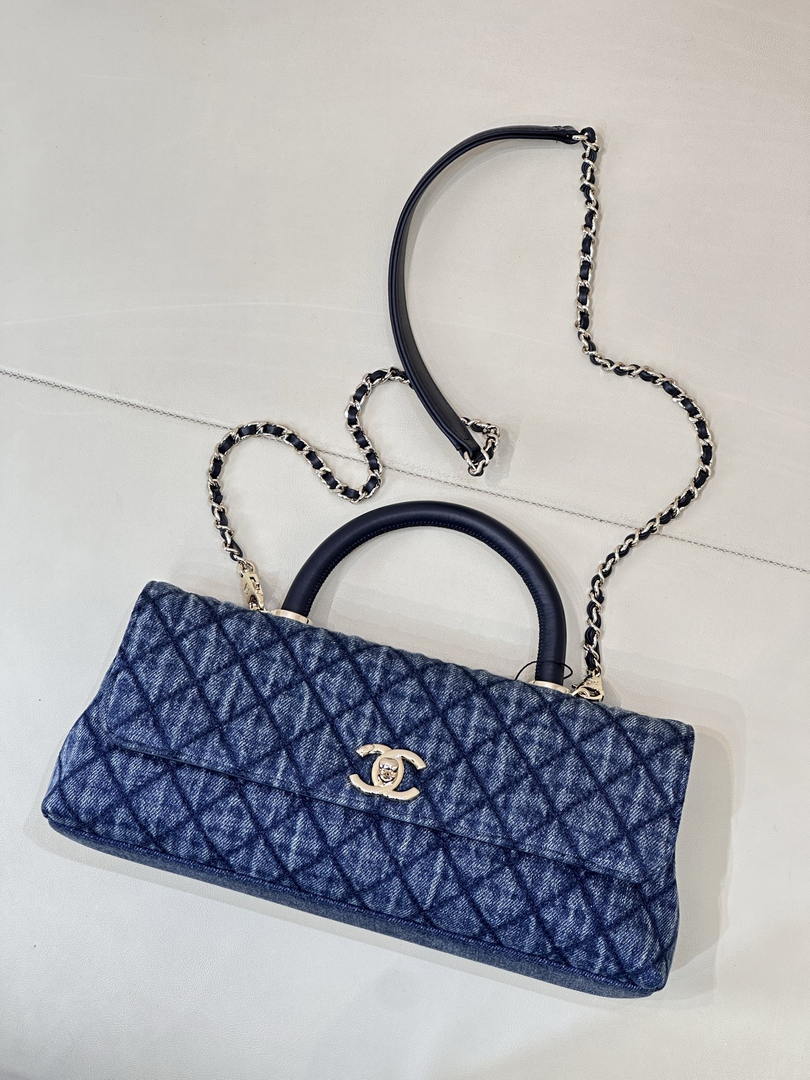 Chanel AS6091 Maxi Flap Bag with Top Handle Denim Blue & Gold-Tone Metal