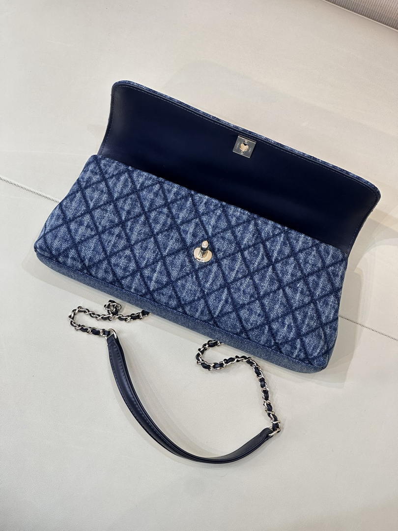 Chanel AS6091 Maxi Flap Bag with Top Handle Denim Blue & Gold-Tone Metal