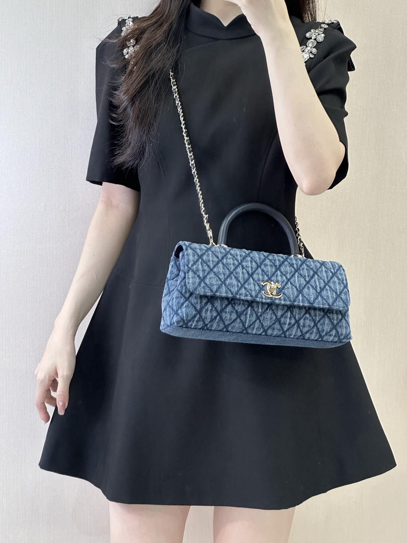 Chanel AS6091 Maxi Flap Bag with Top Handle Denim Blue & Gold-Tone Metal