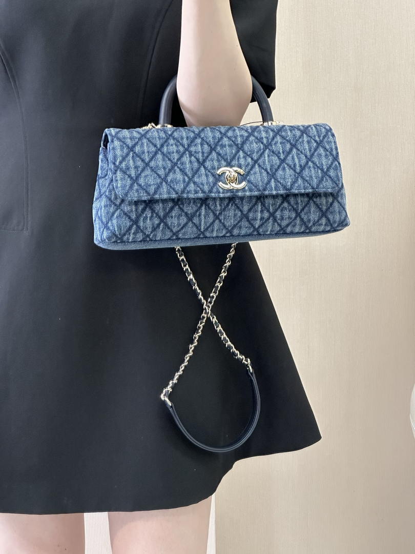 Chanel AS6091 Maxi Flap Bag with Top Handle Denim Blue & Gold-Tone Metal