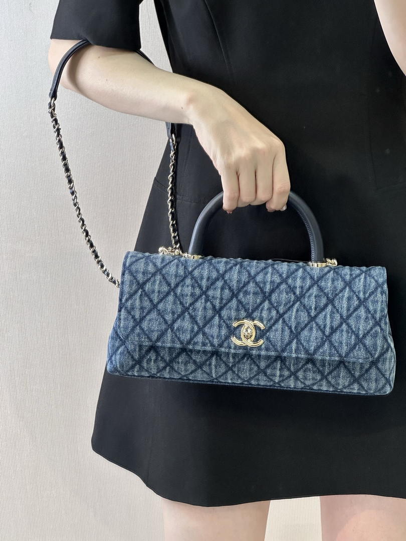 Chanel AS6091 Maxi Flap Bag with Top Handle Denim Blue & Gold-Tone Metal
