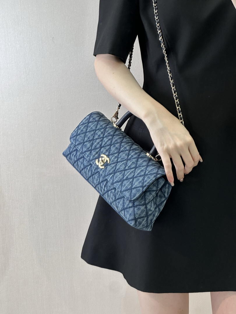 Chanel AS6091 Maxi Flap Bag with Top Handle Denim Blue & Gold-Tone Metal - Default Title - View 15