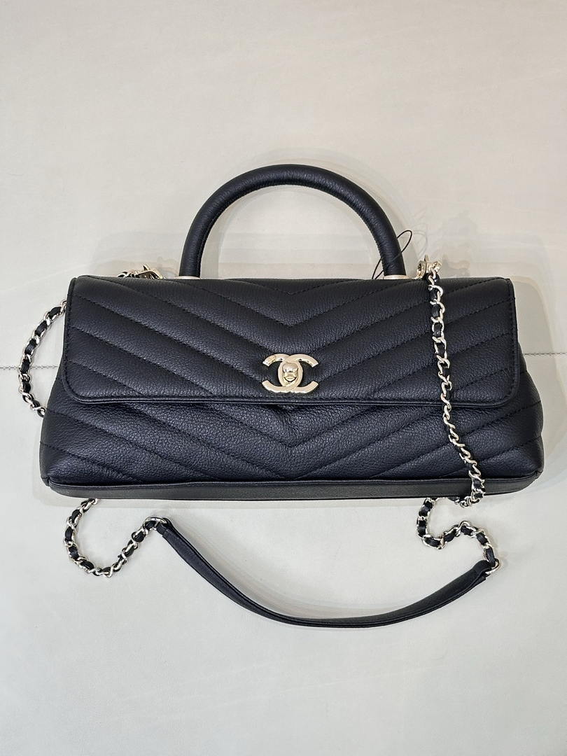 Chanel AS6091 Maxi Flap Bag with Top Handle Goatskin & Gold-Tone Metal Black V-shaped