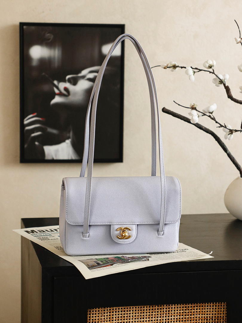 Chanel AS6130 Small Flap Bag Grained Shiny Calfskin & Gold-Tone Metal Light Purple