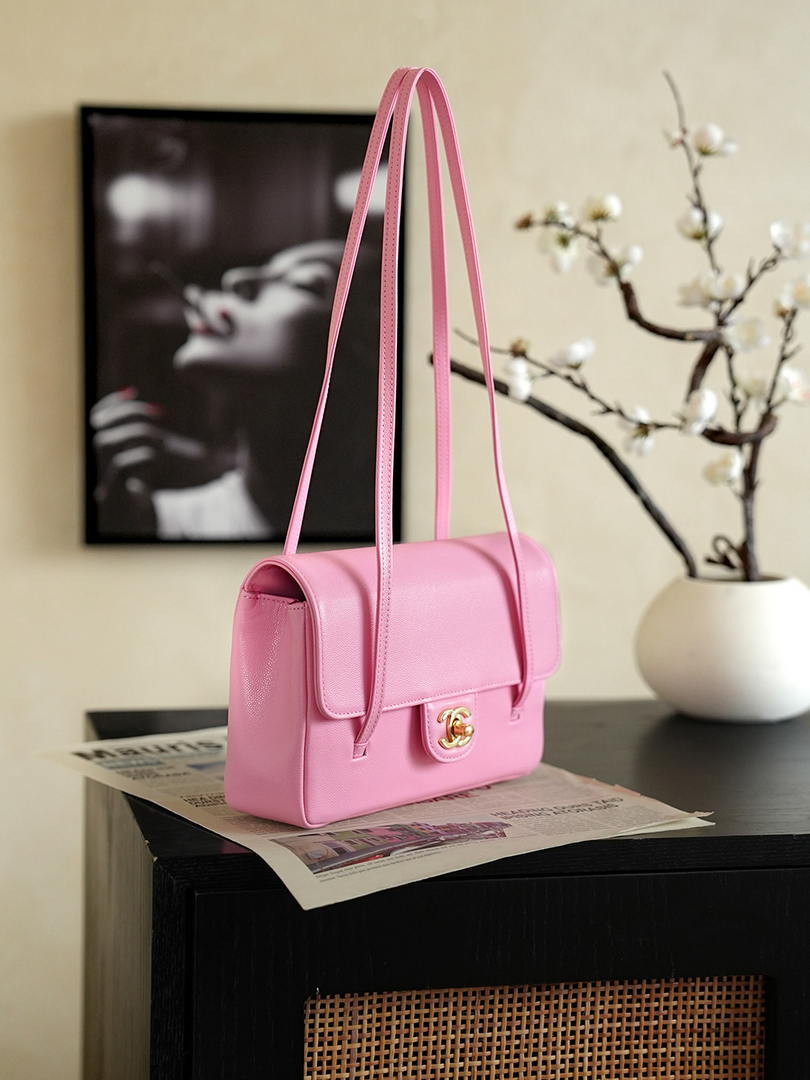 Chanel AS6130 Small Flap Bag Grained Shiny Calfskin & Gold-Tone Metal Hot Pink