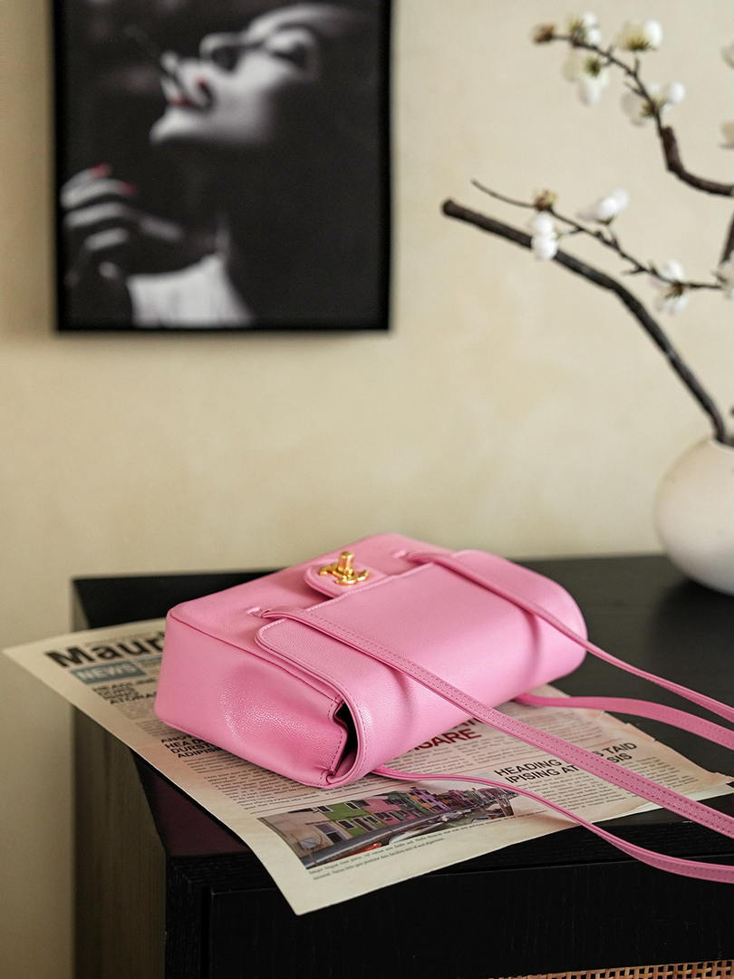 Chanel AS6130 Small Flap Bag Grained Shiny Calfskin & Gold-Tone Metal Hot Pink - Default Title - View 6