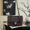 Chanel AS6130 Small Flap Bag Grained Shiny Calfskin & Gold-Tone Metal Dark Brown - Default Title - View 1