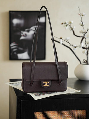 Chanel AS6130 Small Flap Bag Grained Shiny Calfskin & Gold-Tone Metal Dark Brown - Default Title - View 1