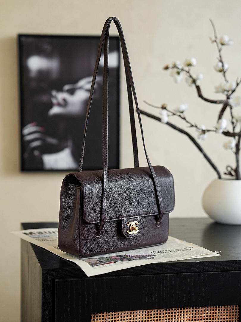 Chanel AS6130 Small Flap Bag Grained Shiny Calfskin & Gold-Tone Metal Dark Brown