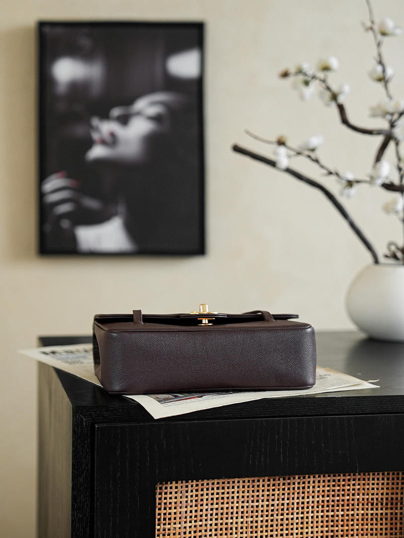 Chanel AS6130 Small Flap Bag Grained Shiny Calfskin & Gold-Tone Metal Dark Brown