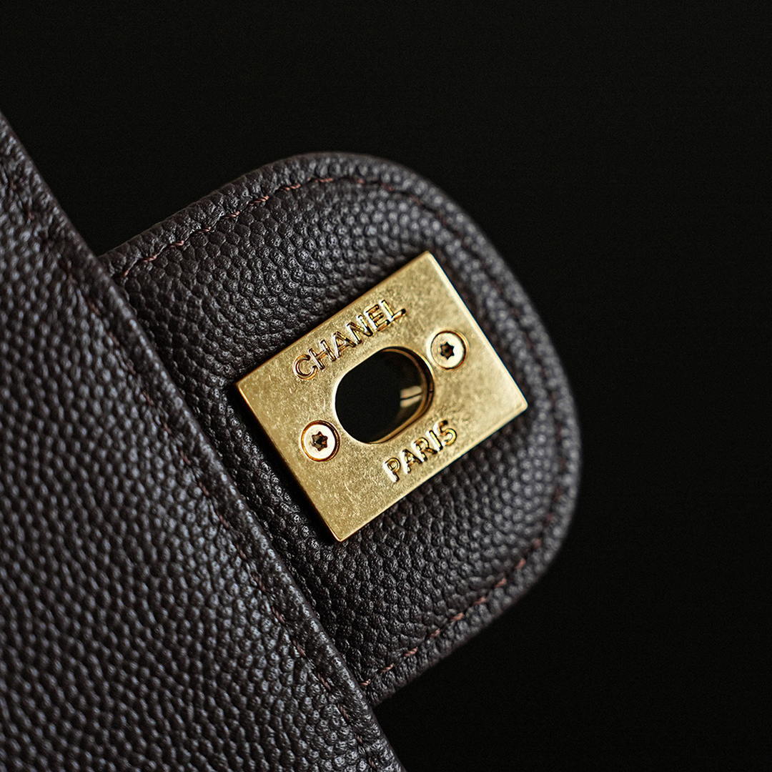 Chanel AS6130 Small Flap Bag Grained Shiny Calfskin & Gold-Tone Metal Dark Brown