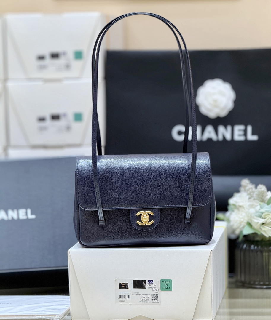 Chanel AS6130 Small Flap Bag Grained Shiny Calfskin & Gold-Tone Metal Navy Blue