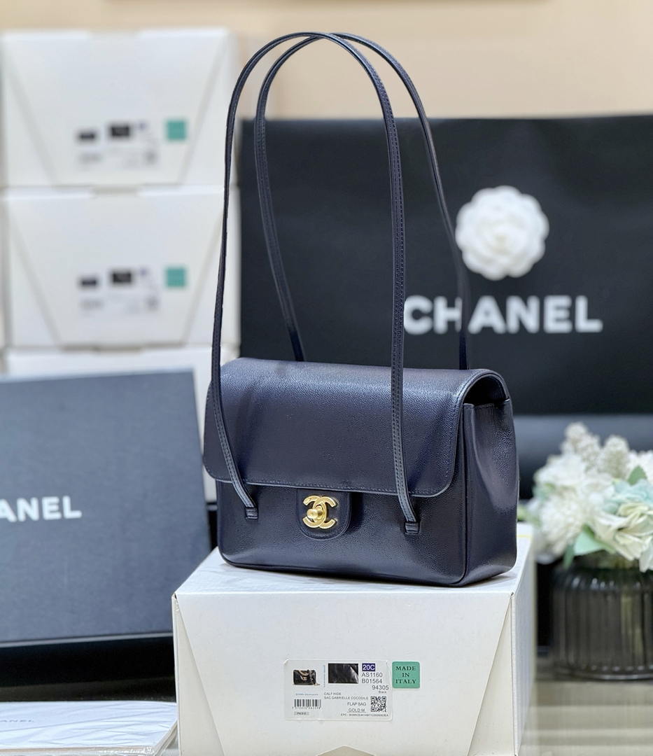 Chanel AS6130 Small Flap Bag Grained Shiny Calfskin & Gold-Tone Metal Navy Blue