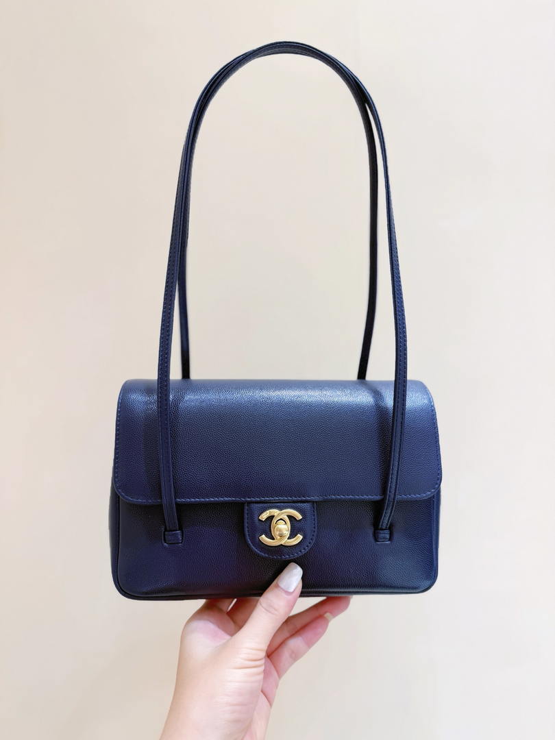Chanel AS6130 Small Flap Bag Grained Shiny Calfskin & Gold-Tone Metal Navy Blue
