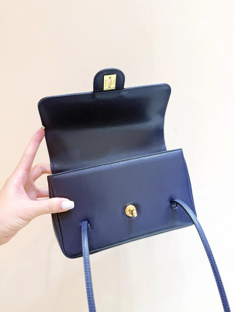 Chanel AS6130 Small Flap Bag Grained Shiny Calfskin & Gold-Tone Metal Navy Blue