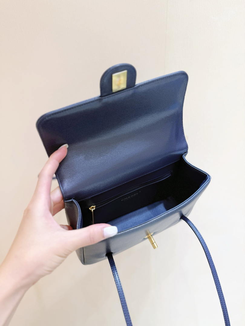 Chanel AS6130 Small Flap Bag Grained Shiny Calfskin & Gold-Tone Metal Navy Blue