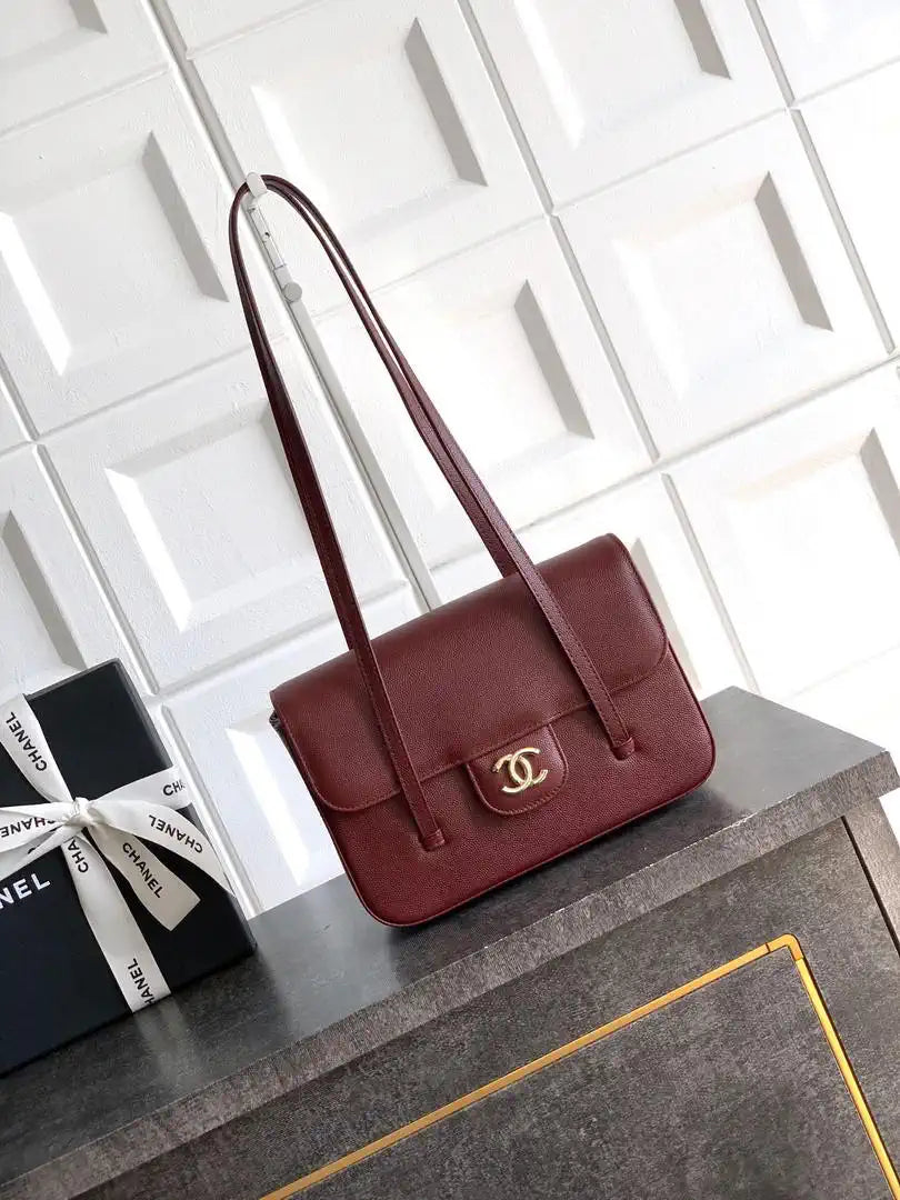 Chanel AS6130 Small Flap Bag Grained Shiny Calfskin & Gold-Tone Metal Wine Red