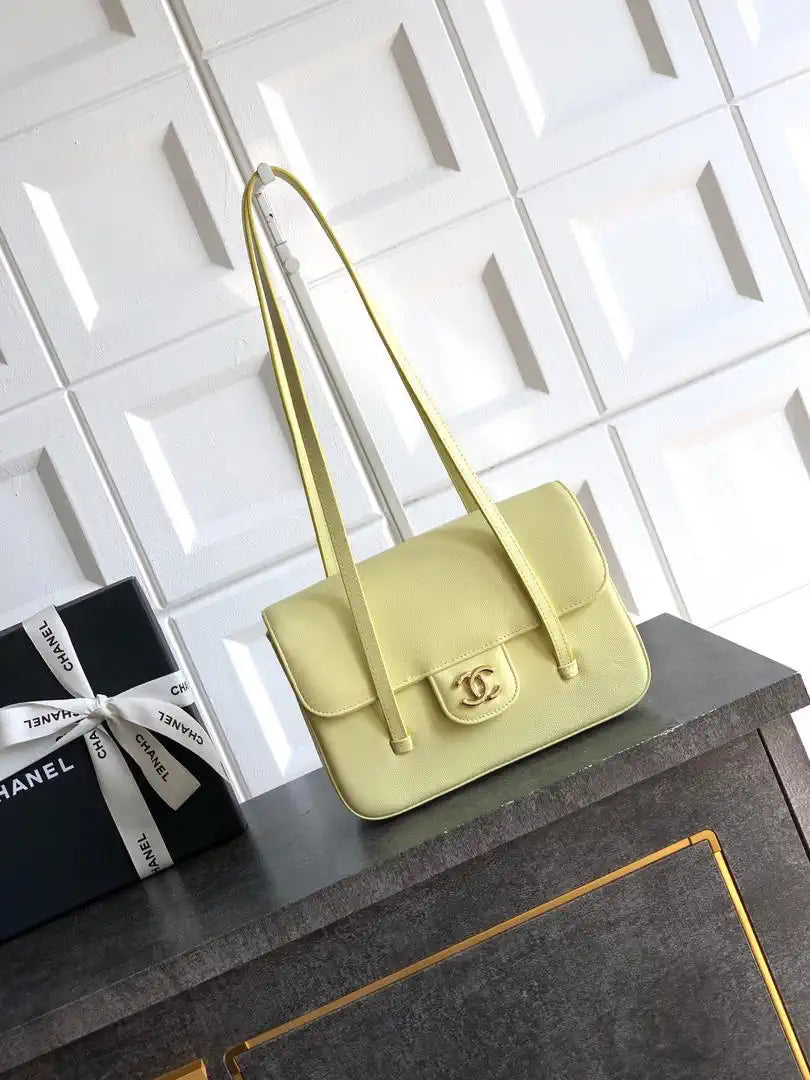 Chanel AS6130 Small Flap Bag Grained Shiny Calfskin & Gold-Tone Metal Light Yellow