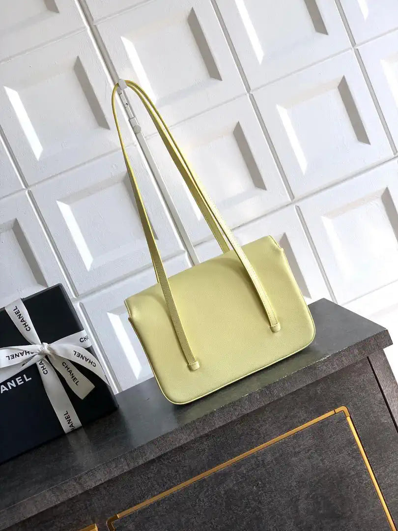 Chanel AS6130 Small Flap Bag Grained Shiny Calfskin & Gold-Tone Metal Light Yellow