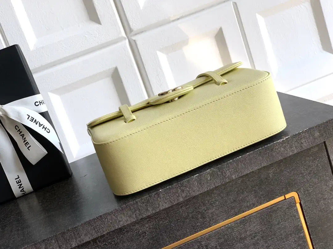 Chanel AS6130 Small Flap Bag Grained Shiny Calfskin & Gold-Tone Metal Light Yellow
