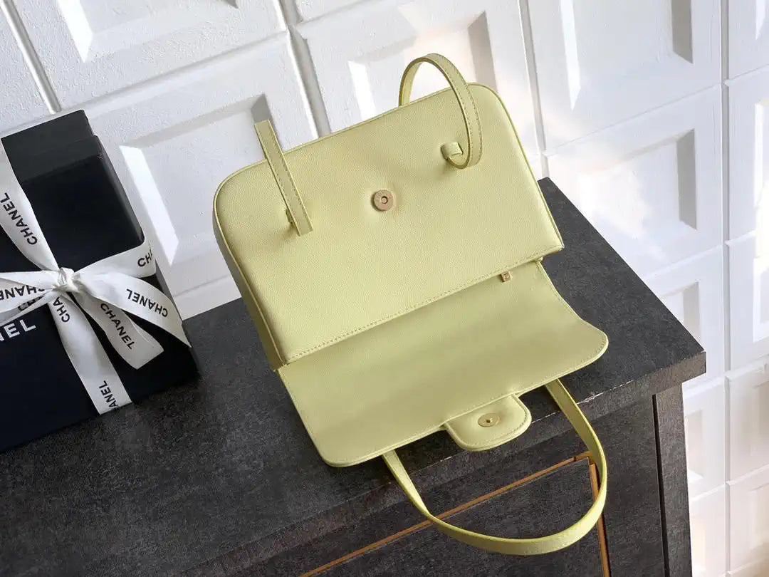 Chanel AS6130 Small Flap Bag Grained Shiny Calfskin & Gold-Tone Metal Light Yellow