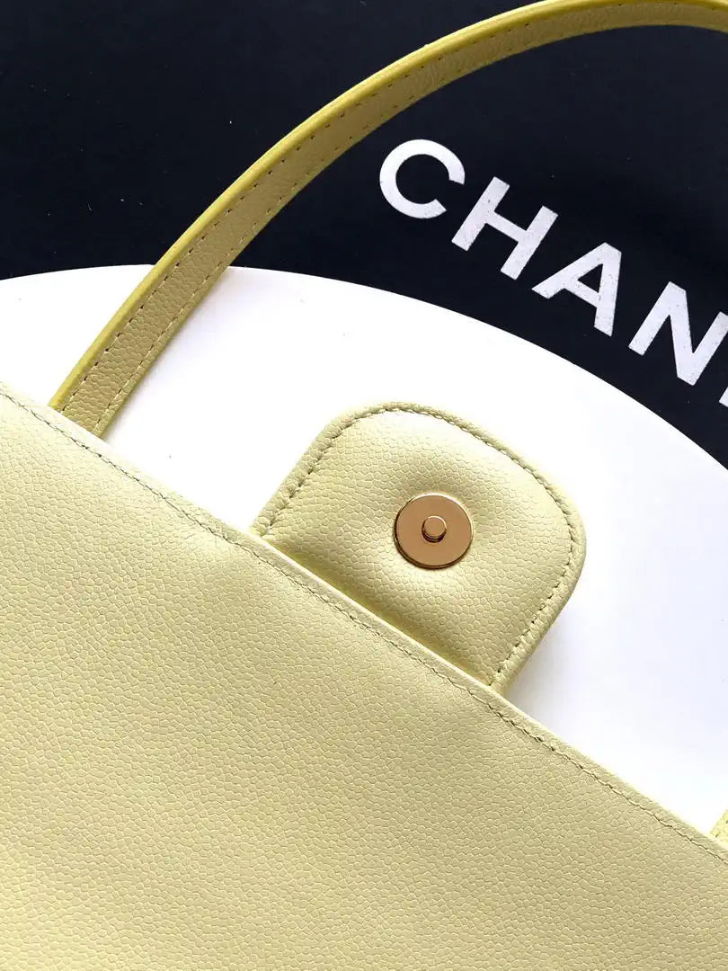 Chanel AS6130 Small Flap Bag Grained Shiny Calfskin & Gold-Tone Metal Light Yellow