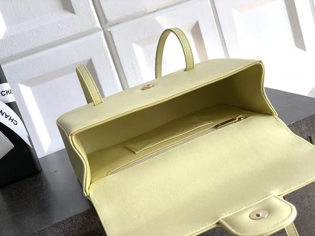 Chanel AS6130 Small Flap Bag Grained Shiny Calfskin & Gold-Tone Metal Light Yellow