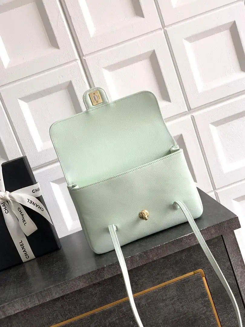 Chanel AS6130 Small Flap Bag Grained Shiny Calfskin & Gold-Tone Metal Light gray-green
