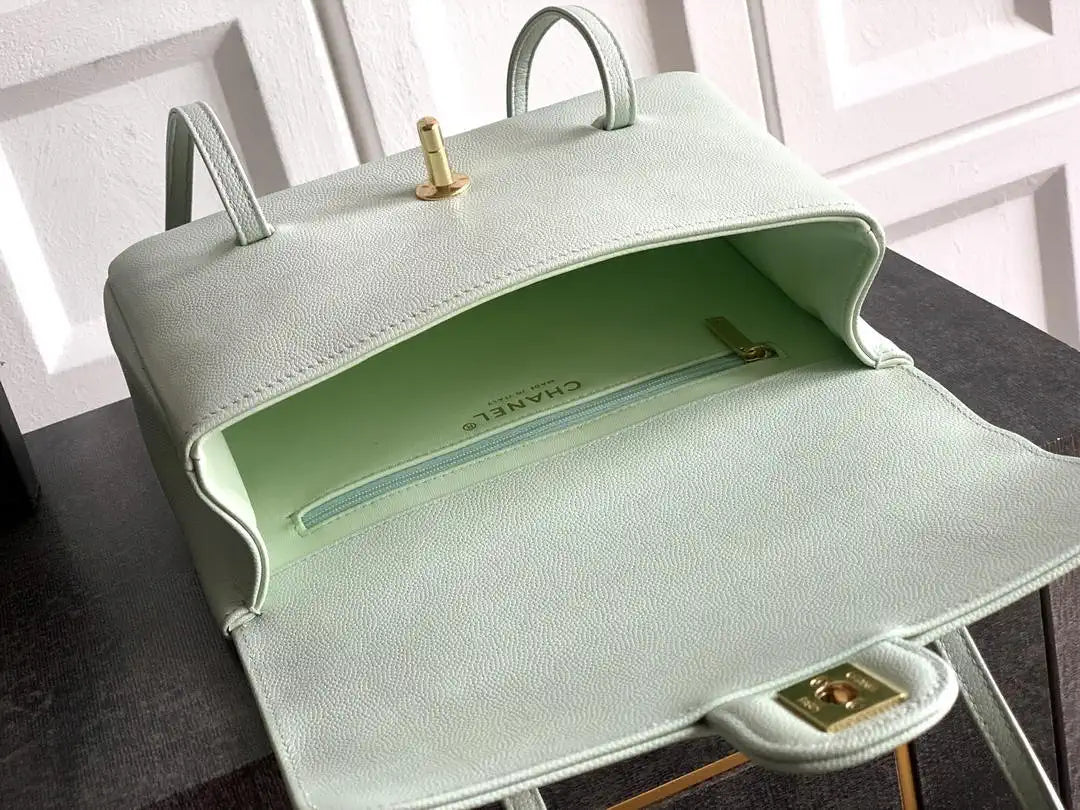 Chanel AS6130 Small Flap Bag Grained Shiny Calfskin & Gold-Tone Metal Light gray-green
