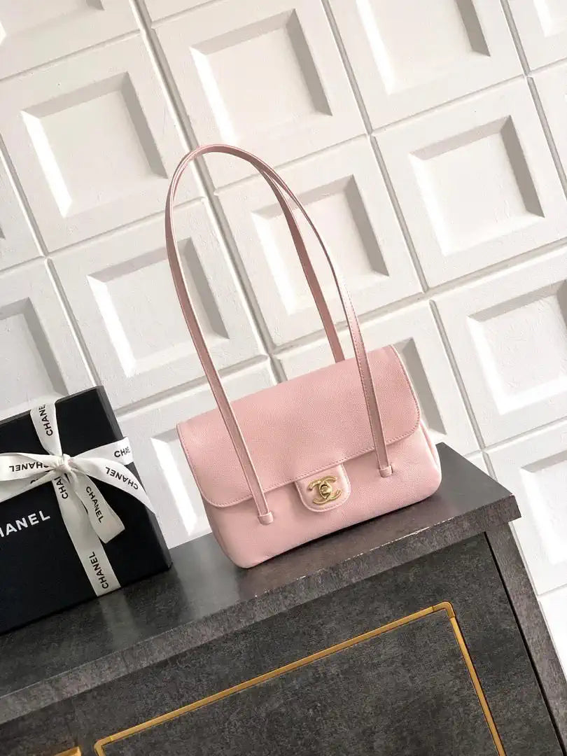 Chanel AS6130 Small Flap Bag Grained Shiny Calfskin & Gold-Tone Metal Pink