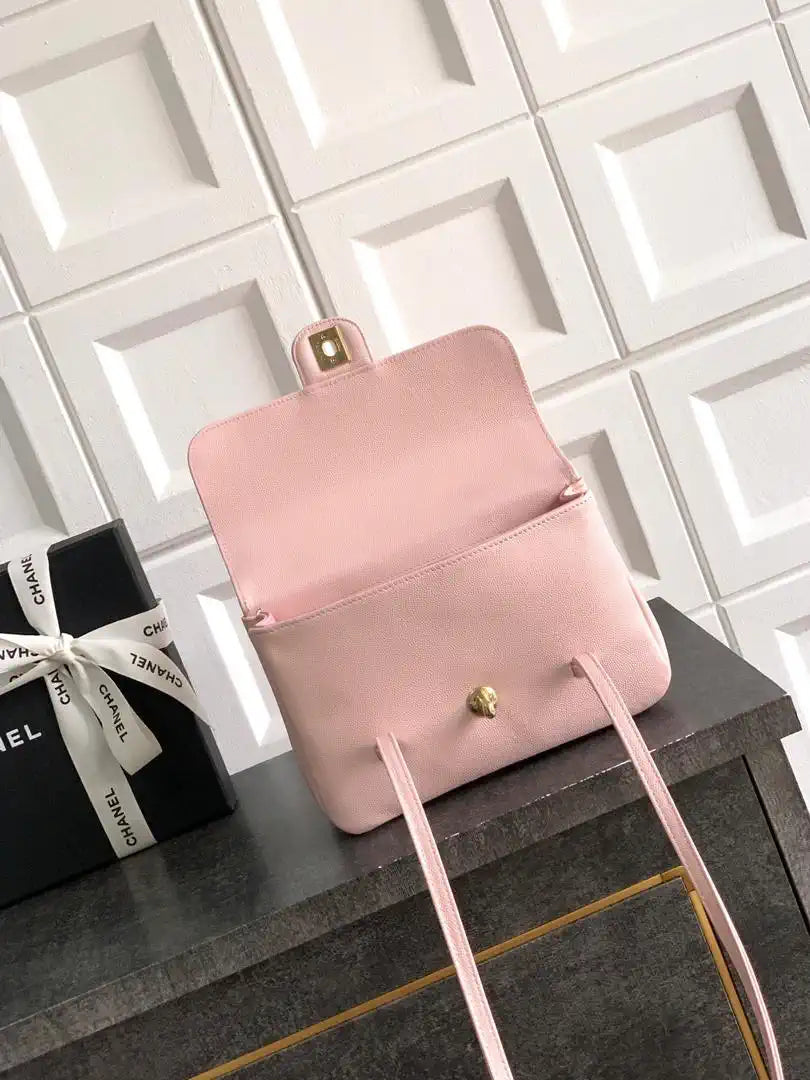 Chanel AS6130 Small Flap Bag Grained Shiny Calfskin & Gold-Tone Metal Pink