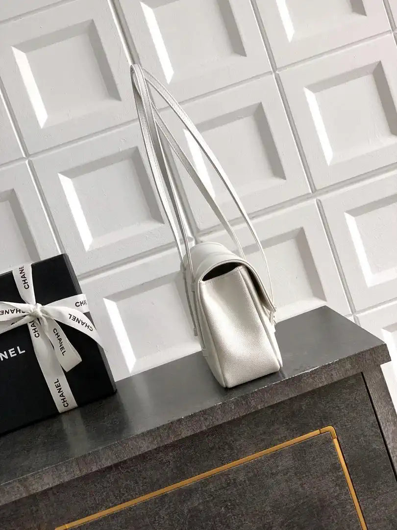 Chanel AS6130 Small Flap Bag Grained Shiny Calfskin & Gold-Tone Metal White