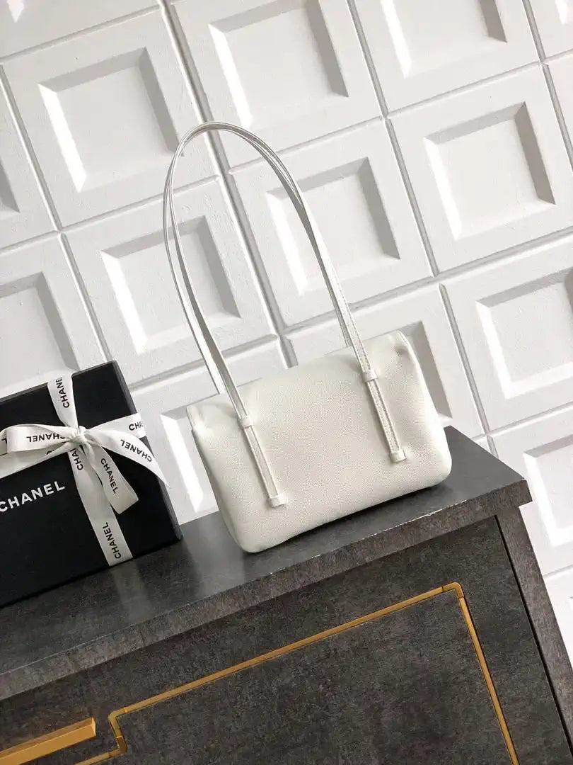 Chanel AS6130 Small Flap Bag Grained Shiny Calfskin & Gold-Tone Metal White