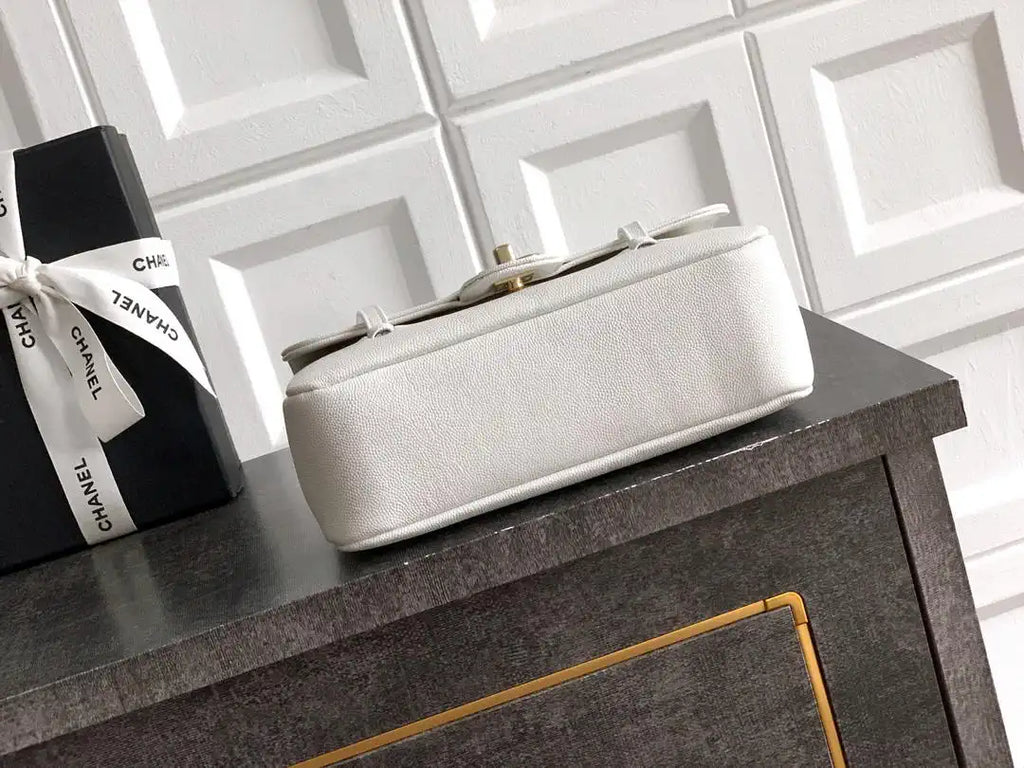 Chanel AS6130 Small Flap Bag Grained Shiny Calfskin & Gold-Tone Metal White