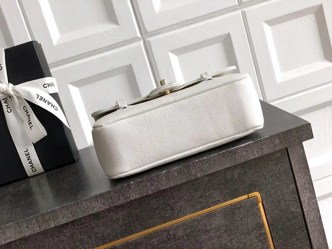 Chanel AS6130 Small Flap Bag Grained Shiny Calfskin & Gold-Tone Metal White