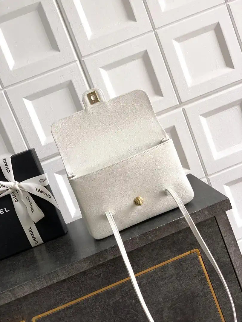 Chanel AS6130 Small Flap Bag Grained Shiny Calfskin & Gold-Tone Metal White