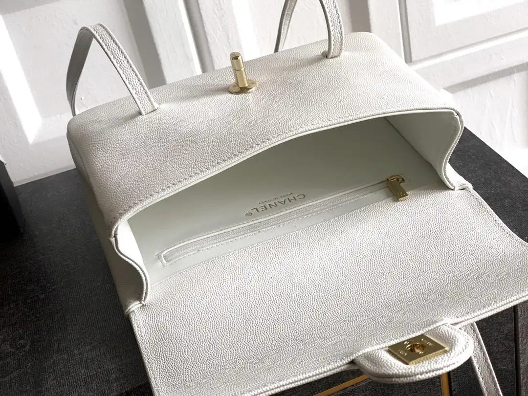 Chanel AS6130 Small Flap Bag Grained Shiny Calfskin & Gold-Tone Metal White