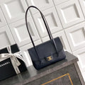 Chanel AS6130 Small Flap Bag Grained Shiny Calfskin & Gold-Tone Metal Navy Blue